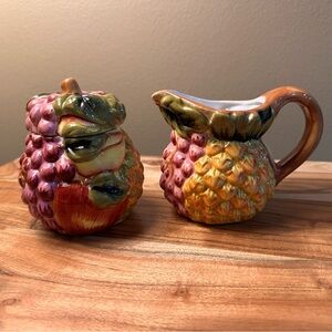Baum Brothers Vibrant Colorful Fruit Ceramic Sugar and Creamer Set